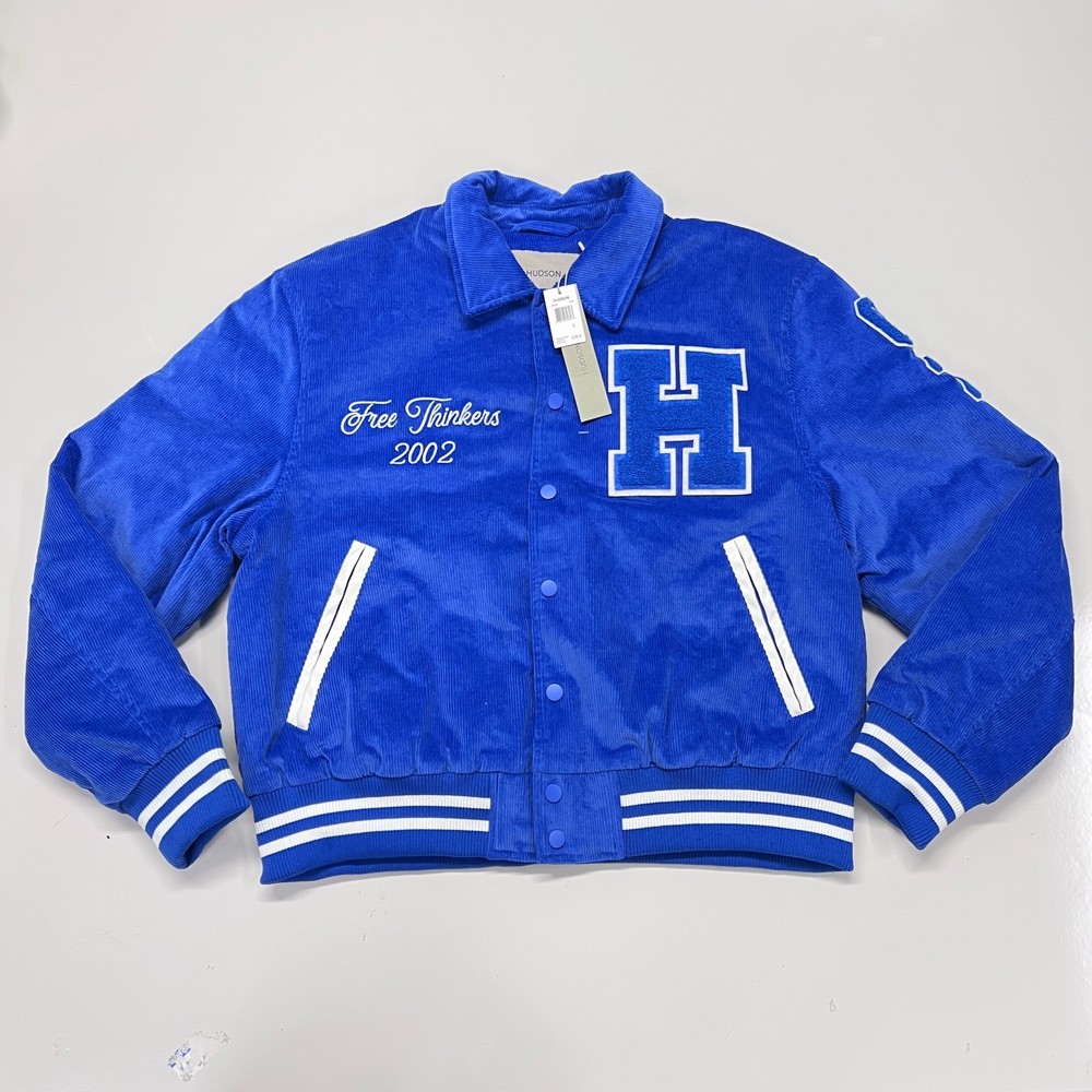 NWT Men’s Hudson Blue Corduroy Varsity Jacket Free Thinkers Bomber $298 Size L