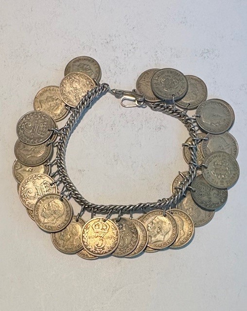 Vintage British Silver 3 Pence Coin Bracelet 30 Coins King George 7.5