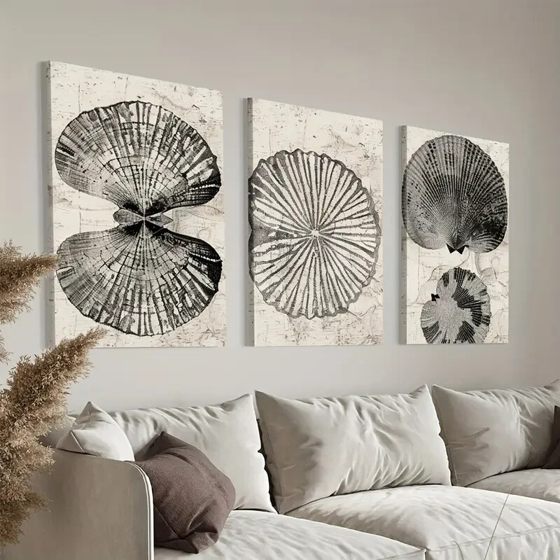 3pcs Sea Shell  Modern Black & White Wall Art Canvas Unframed