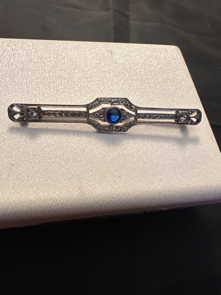 Vintage Art Deco Sterling Silver Bar Brooch Pin Blue & Clear Paste Rhinestones