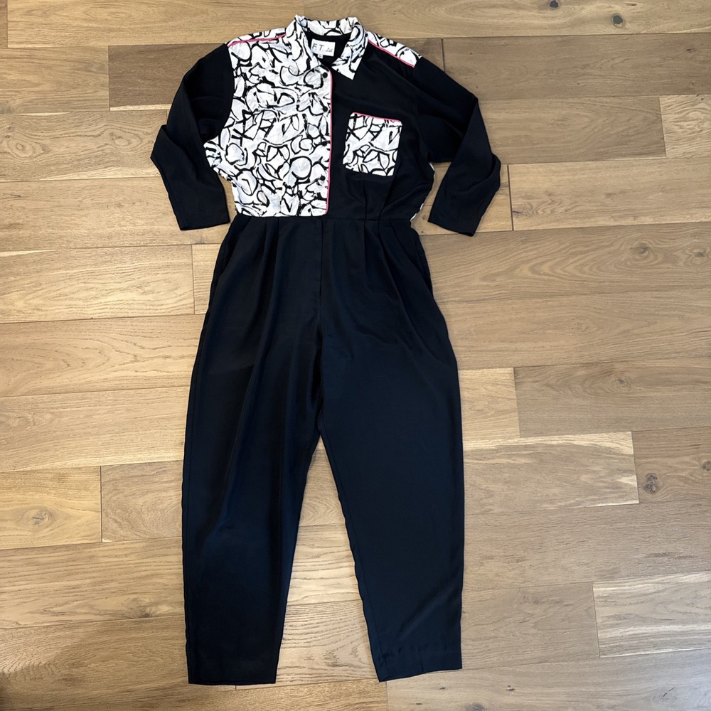 Vintage F.T. Ltd Pink Black & White Abstract Jumpsuit Sz 14 Long Sleeve Pockets
