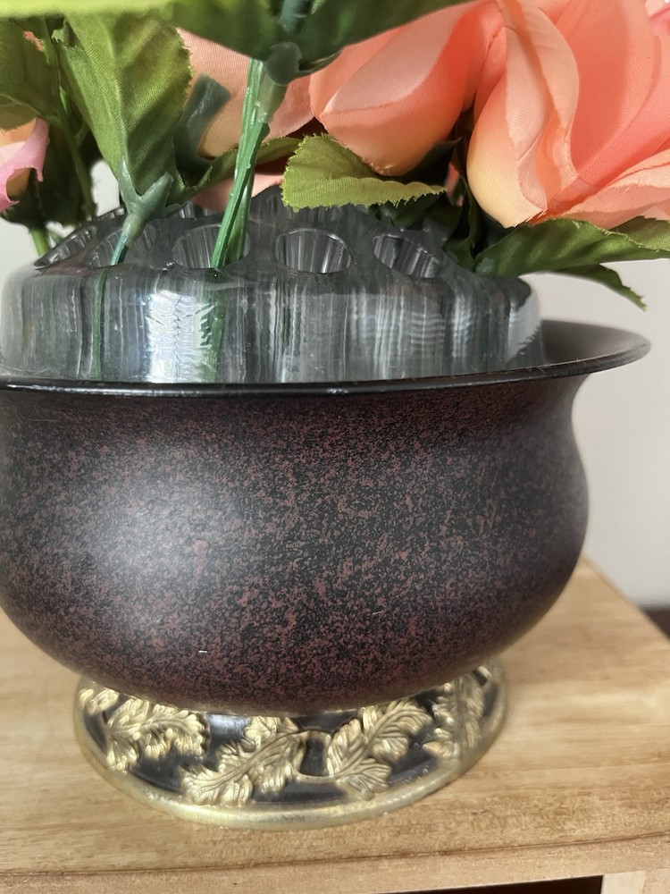 Teleflora Black Vase With Gold Floral Accents With Glass Frog - Heavy & Nice!