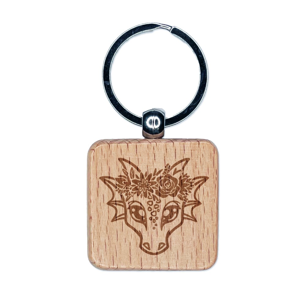Floral Crown Dragon Engraved Wooden Keychain Charm Tag