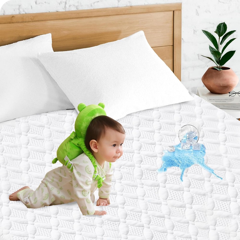 Full Size Waterproof Bamboo Fiber Mattress Protector for Bed Protection-image