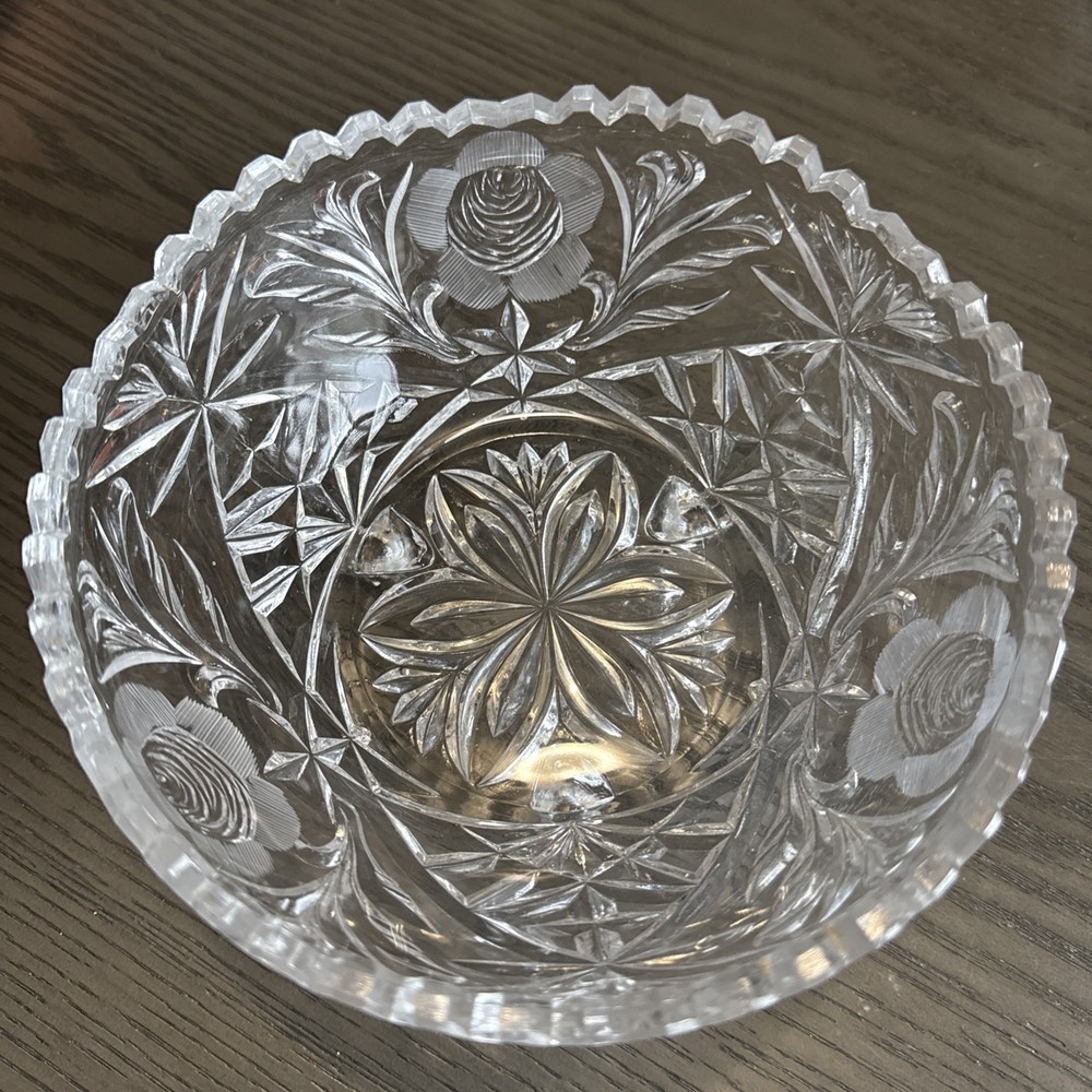 Vintage Frosted Crystal Rose & Vine Footed Fruit Bowl 7.5x4 Inches