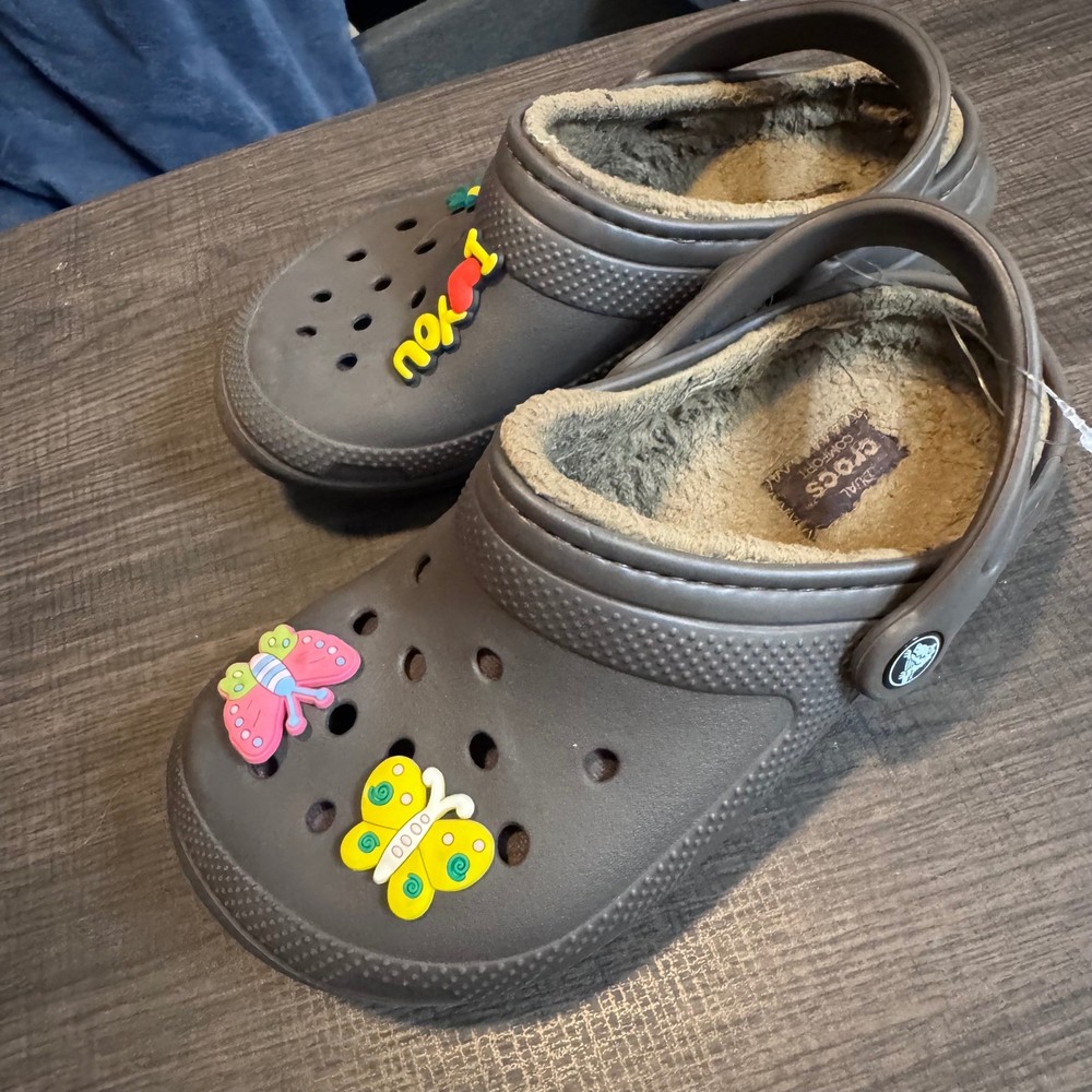 Crocs Classic Lined Clogs Brown Furry Comfort Shoes Jibbitz Size M4 W6