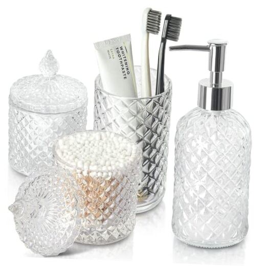 4-Piece Clear Glass Bathroom Accessory Set with Soap Dispenser