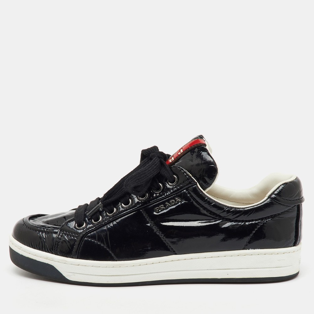 Prada Black Patent Leather Lace-Up Low Top Sneakers Size 37.5