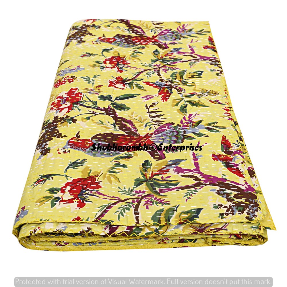 Indian Yellow Throw Blanket Indian Bird Print Kantha Quilt Cotton Boho Bedspread