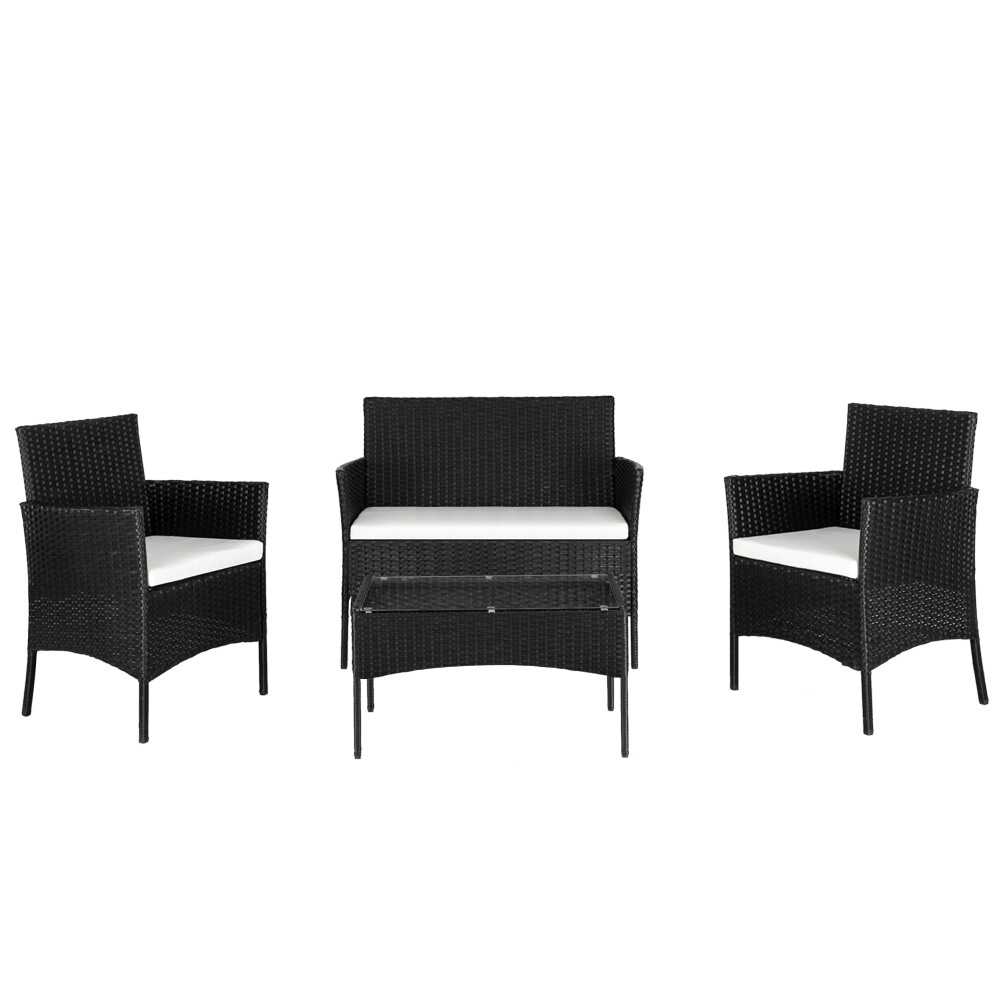 Rattan Sofa Set with 2 Arm Chairs Loveseat and Glass Coffee Table Black