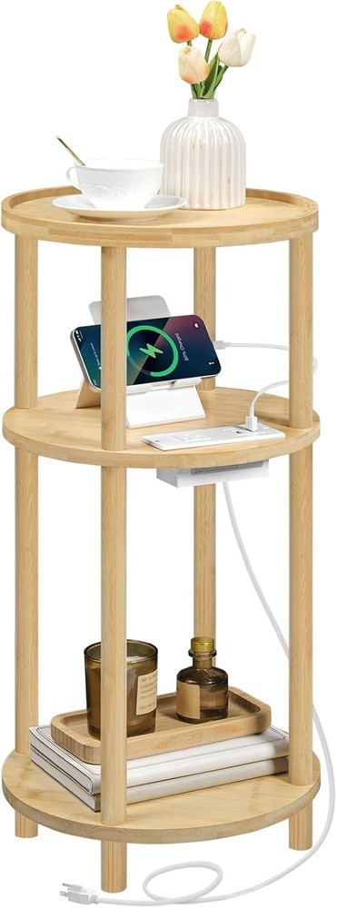 HOOBRO 3-Tier Natural Round Side Table with Built-in Charging Station