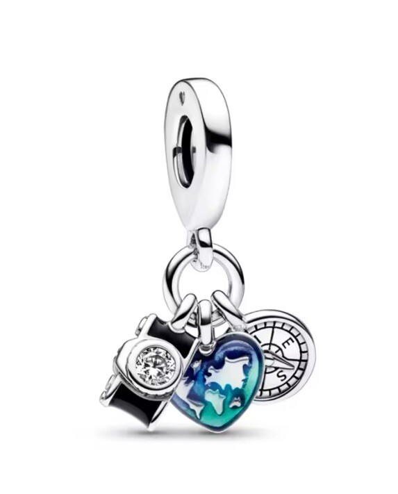 Sterling Silver Camera Heart Compass Triple Charm Dangle Bracelet  