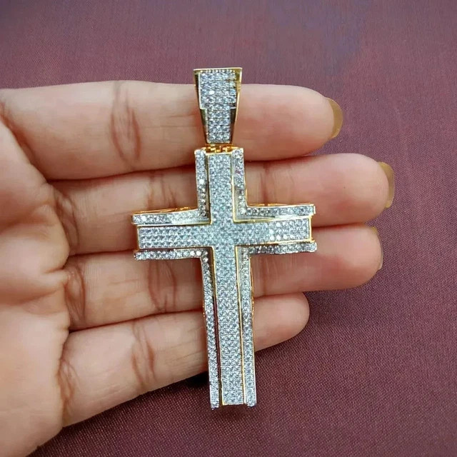 2Ct Round Cut Real Moissanite Cross  Men's Charm Pendant 14K Yellow Gold Plated