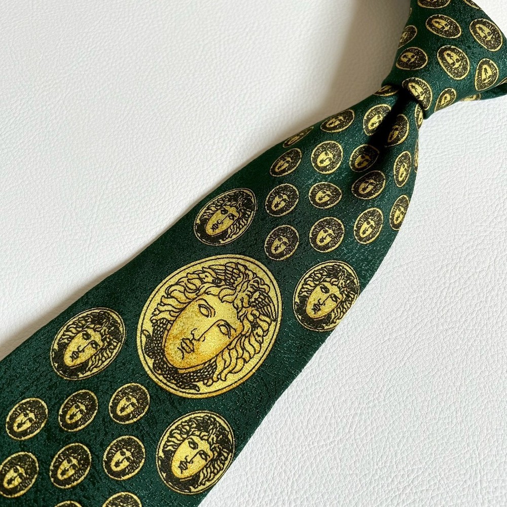 Gianni Versace 90s Silk Tie Medusa Green Gold Baroque Vintage Italy From Japan