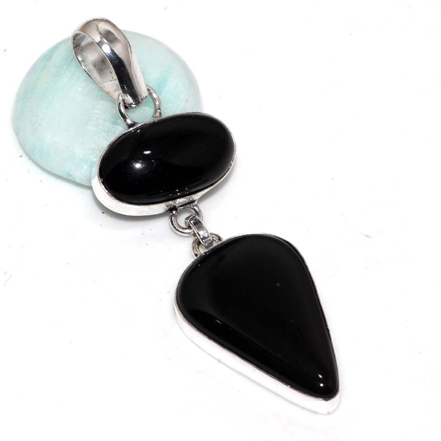 Black Onyx 925 Silver Plated Gemstone Long Pendant 2.5
