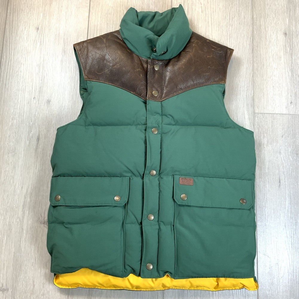 VTG Ralph Lauren PRL Goose Down Leather Puffer Vest Western Yoke Mens Size SMALL