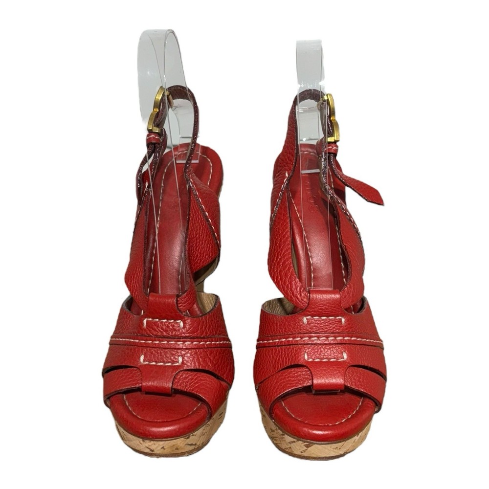 Chloe Renna Leather Wedges With Cork Heels  Red Size 37 New Never Worn