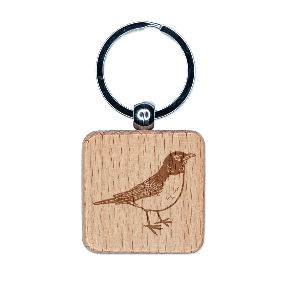 Delightful American Robin Bird Engraved Wood Square Keychain Tag Charm