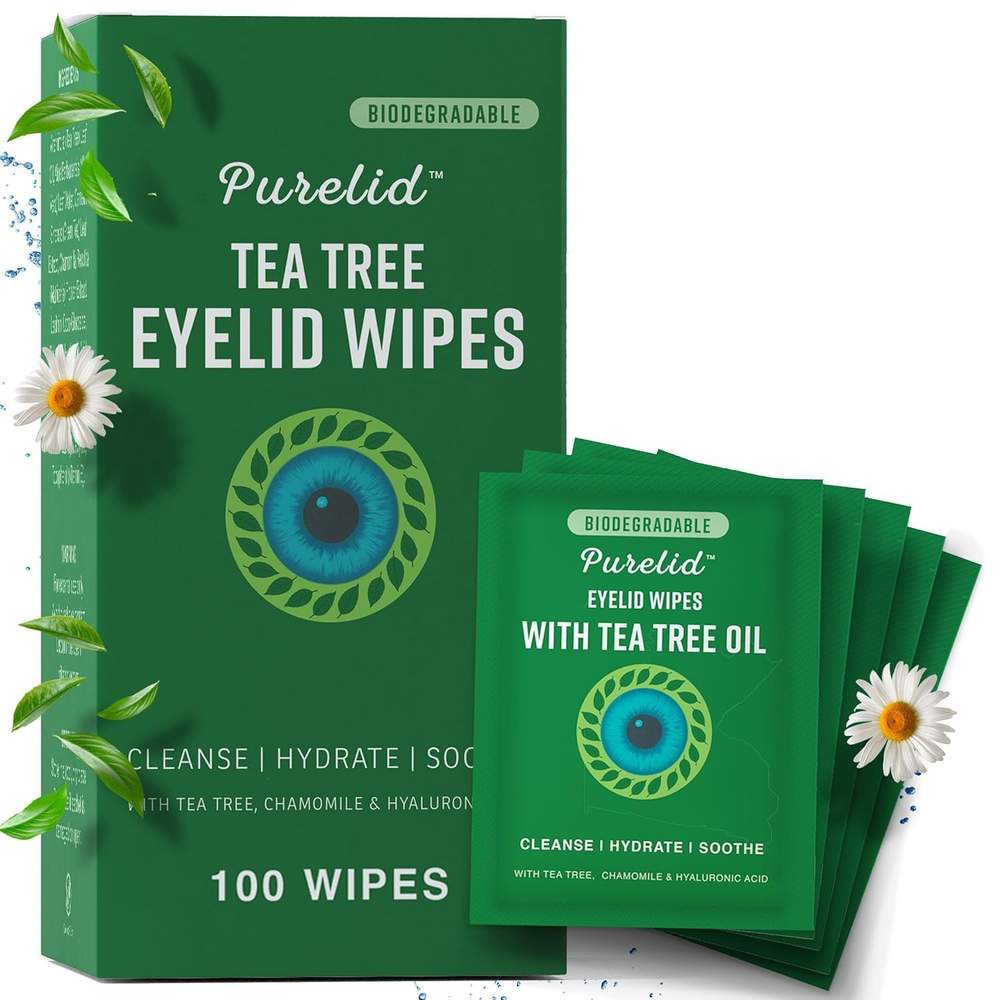 100Pcs Tea Tree Eyelid Wipes – Cleaning Eye Wipes for People with Dry Eyes & All