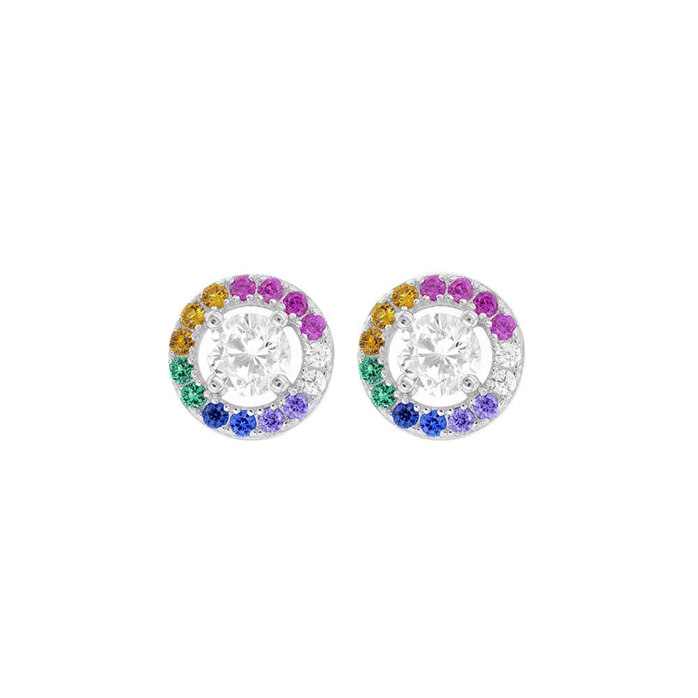 Sterling Silver Jewelco London CZ Rainbow Halo Solitaire Stud Earrings 8mm  