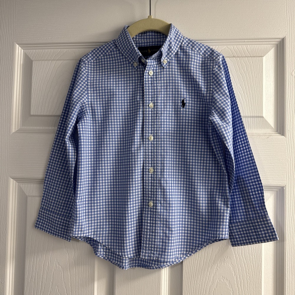 Ralph Lauren Blue Gingham Button Down Long Sleeve Shirt Navy Pony Boy's 5T