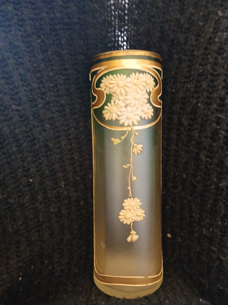 Antique French Art Noureav Glass Vase Hand Painted Flowers