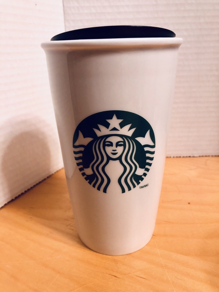Starbucks Ceramic White Green Siren Logo Travel Tumbler Mug Cup 12 oz.