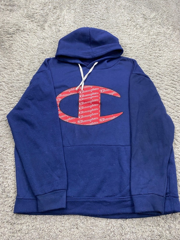 Champion Men's XL Navy Blue Fleece Big C Logo Y2K Pullover Hoodie