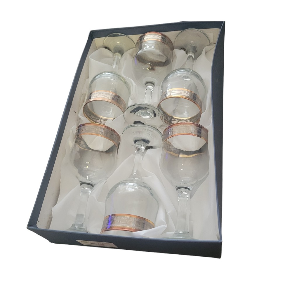 Cristalleria Fumo Set of 6 Wine Glasses in box Italian made Hand Decorated