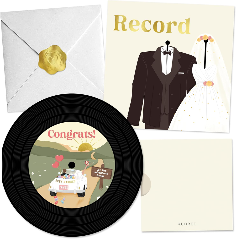 Record Gold Foil Wedding Card for Bride and Groom with Envelopes (6.5”X6.5”), Gr