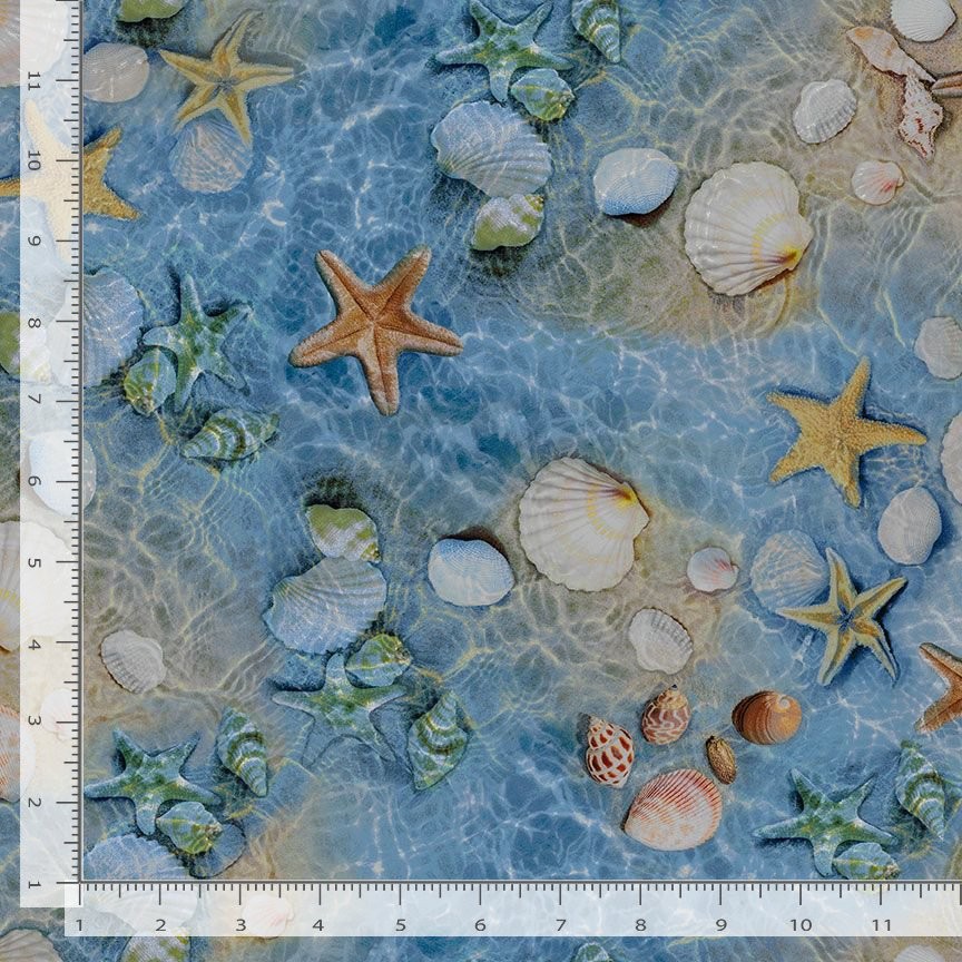 Nautical Fabric | Water's Edge Seashell Starfish Blue | Timeless Treasures YARD