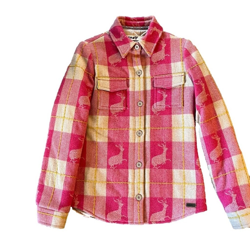 ARITZIA Pink Plaid & Reindeer Quilt Lined Wool Blend Shacket Made in Canada