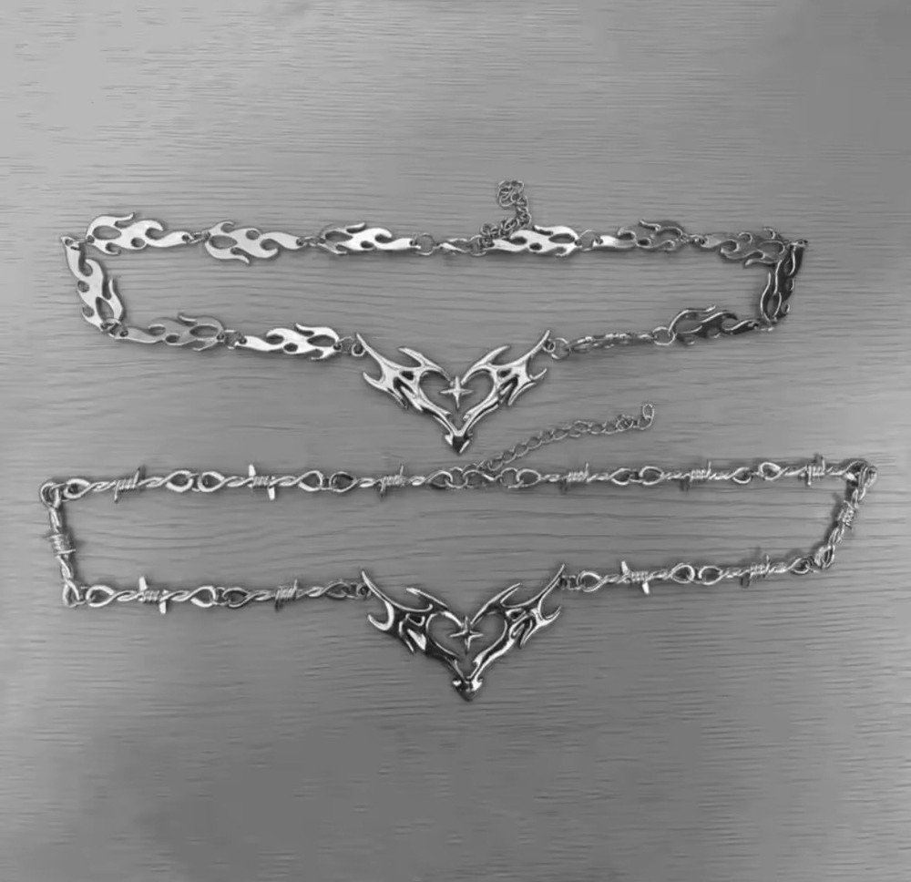 Gothic Flame Cross Heart Choker | Punk Y2K Metal Necklace | Dead Rose Jewelry
