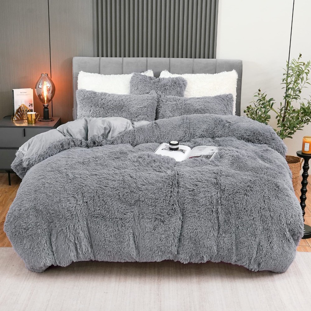 Fluffy Plush Duvet Cover Set Queen Size, Luxury Ultra Soft Velvet Fuzzy Comfo...