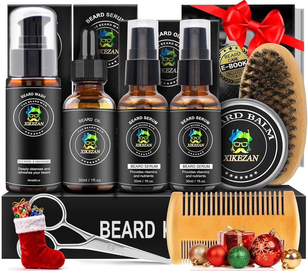 XIKEZAN Beard Kit for Men Grooming & Care Set w/2 Pack Beard Serum, Wash, Oil, B