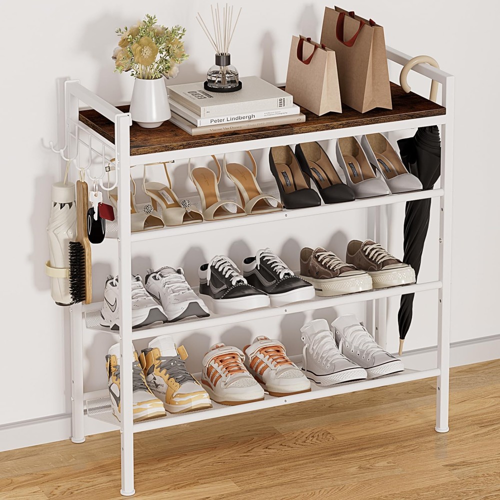 Mileonaim 4 Tier Shoe Rack, White Shoe Rack for Front Door Entrance, Metal wi...