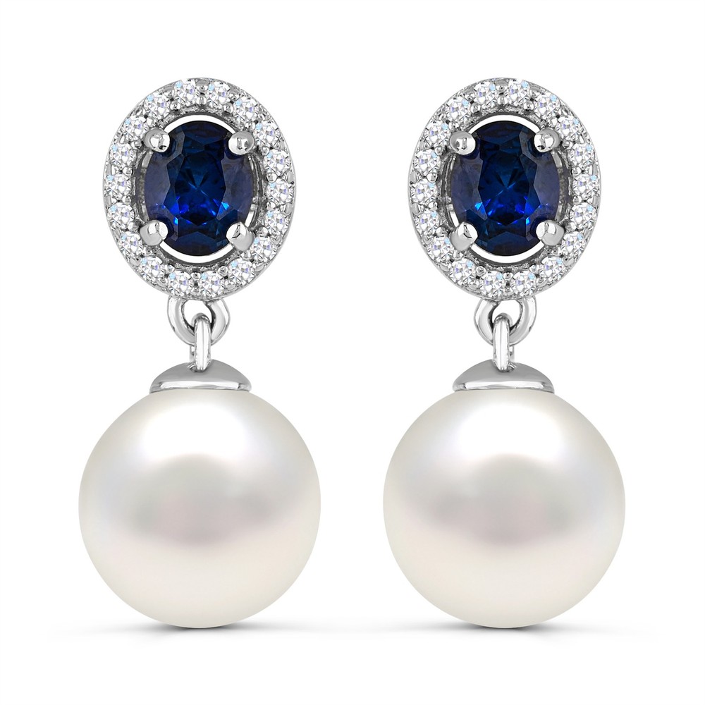 Sterling Silver Pearl & Lab Created Blue & White Sapphire Drop & Dangle Earrings