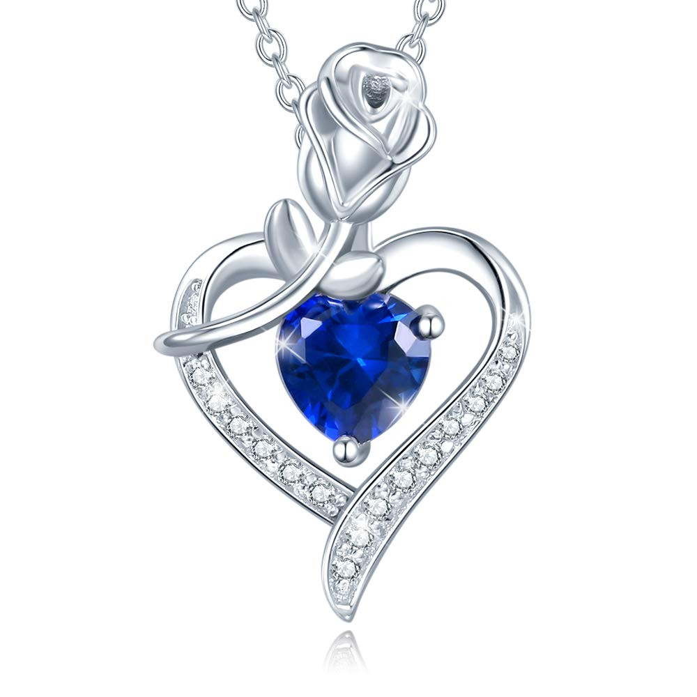 Rosy Reverie Birthstone Necklace Women Sterling Silver Rose Flower Heart Pend...