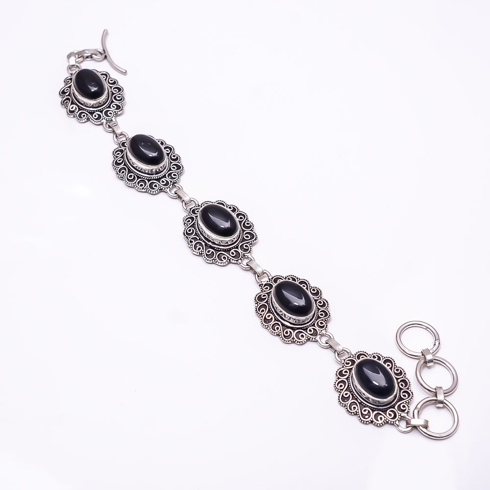 Natural Black Onyx Fine Art Oxidised 925 Sterling Silver Bracelet 8.99