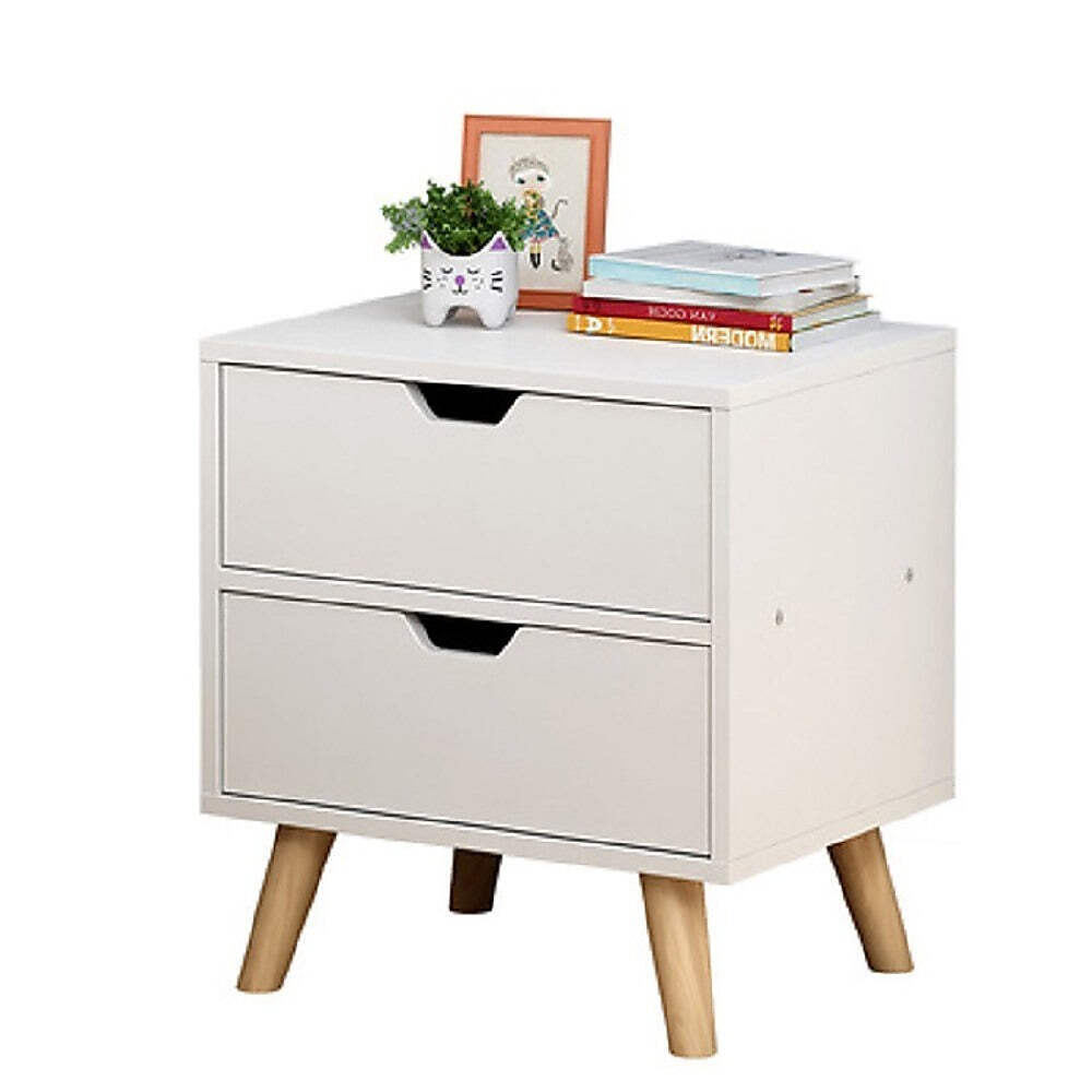 White Wood Nightstand with Drawers - Bedside Storage Cabinet