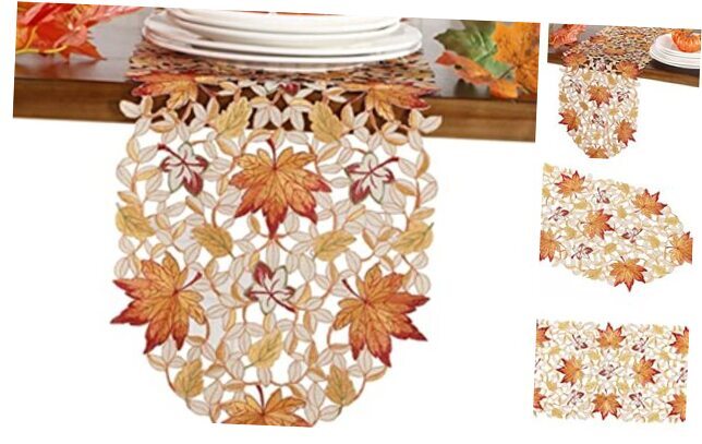 Thanksgiving Harvest Table Runner Embroidered Cutwork Maple Runner 13