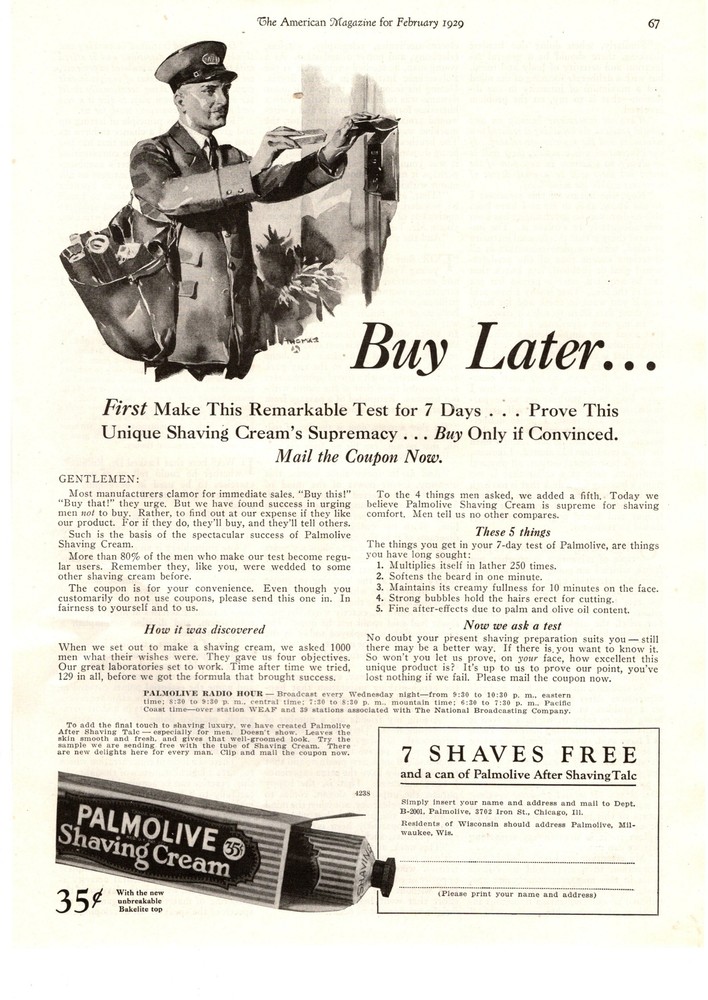 1929 Plamolive Shaving Cream Milwaukee WI Postman Mail Carrier Delivery Print Ad