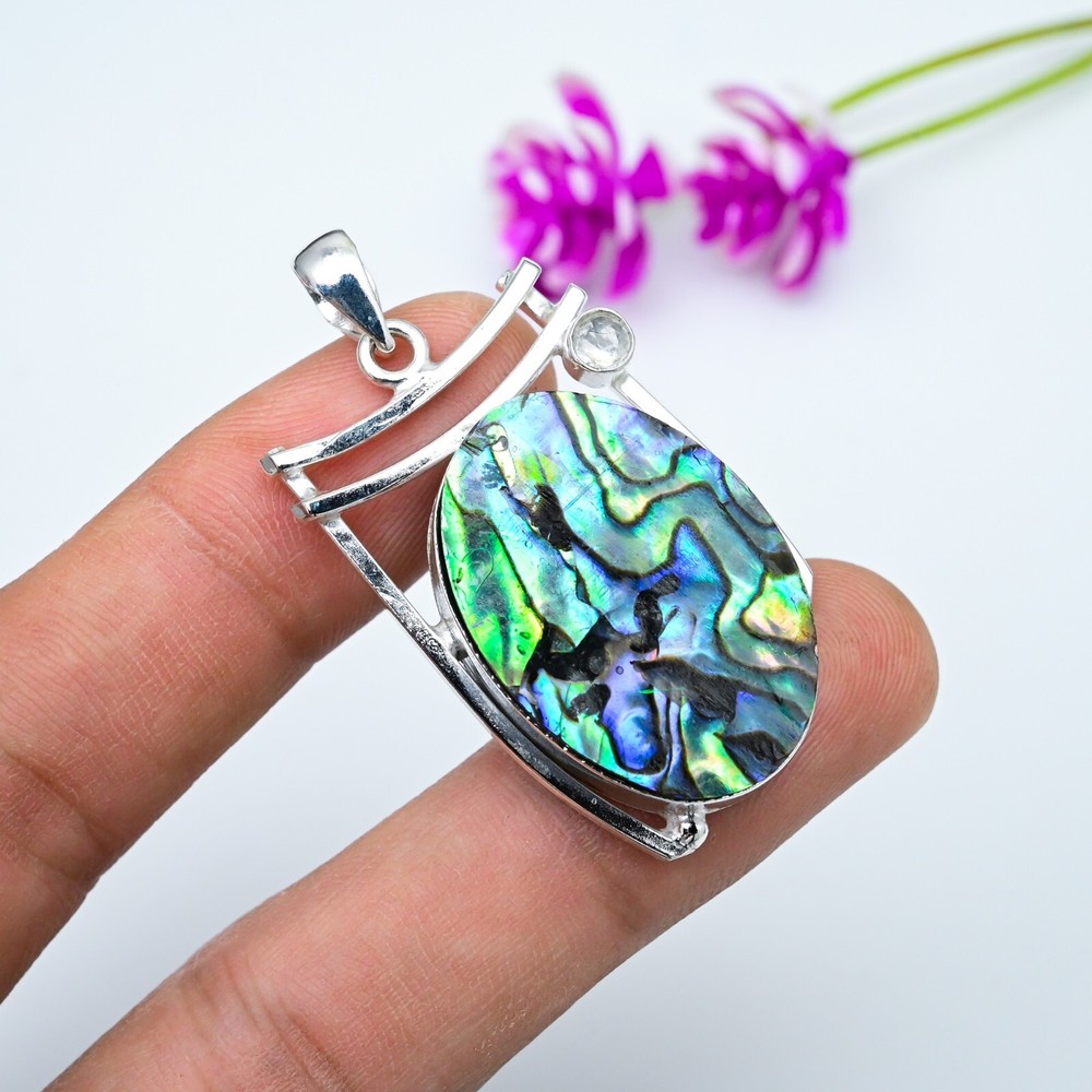 Abalone Shell Gemstone , White Topaz Pendant 925 Sterling Silver Women Jewelry