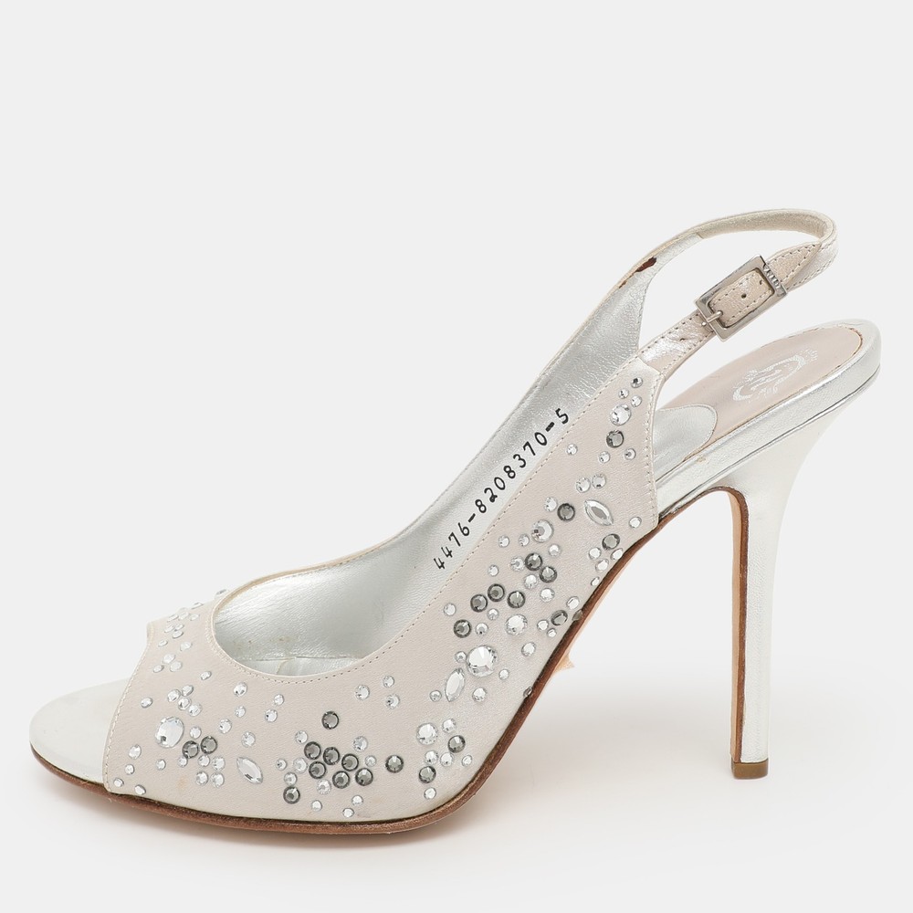 Gina Silver Satin Peep Toe Slingback Pumps with Crystal Embellishments Size 38