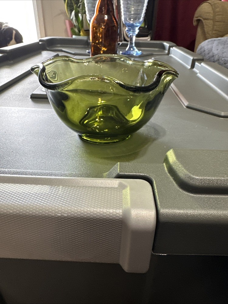 Vintage Indiana Glass Olive Green Ruffled Candy or Mayonnaise Dish  