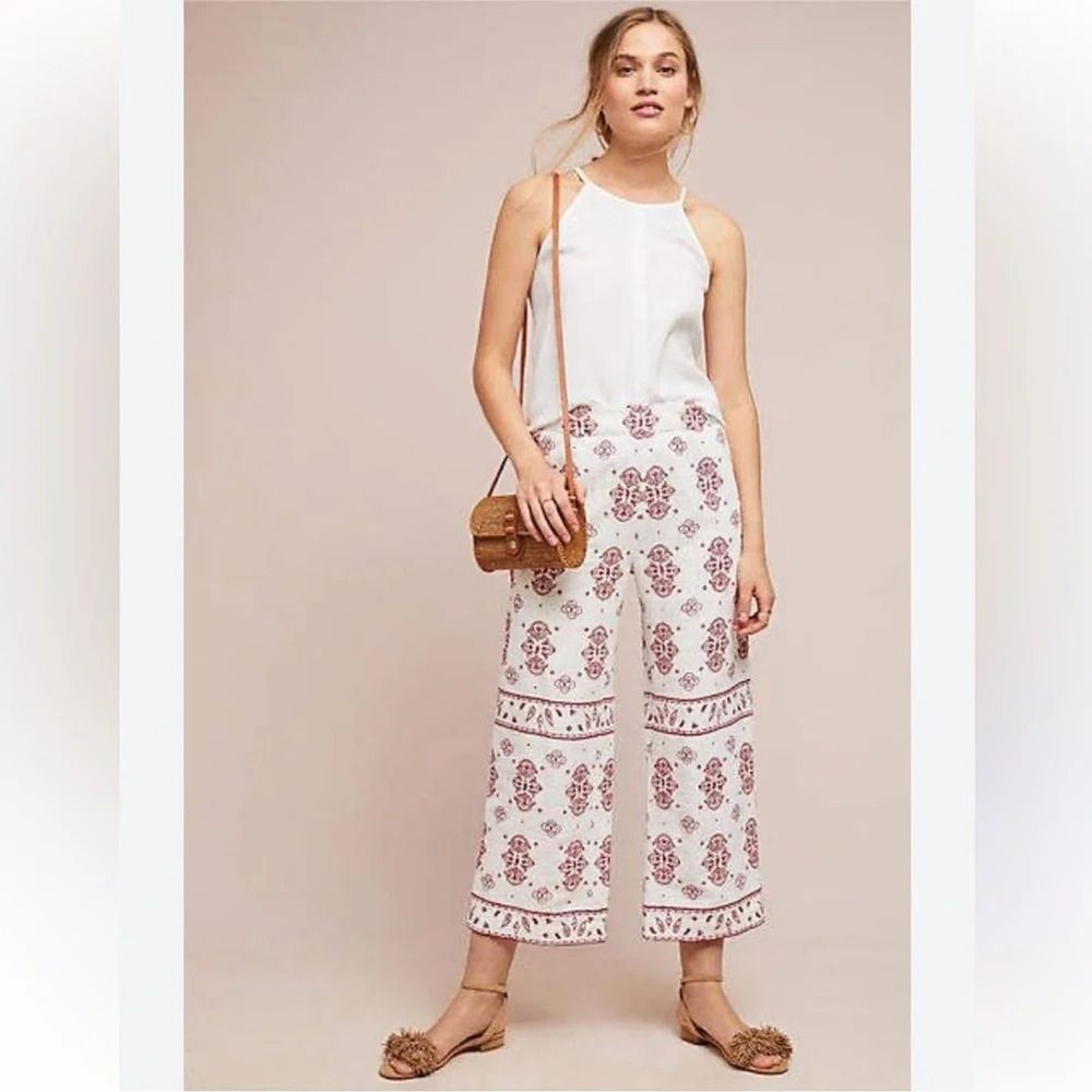 Anthropologie Ett Twa Jadida Embroidered Linen Blend Fully Lined Pant 4 TALL