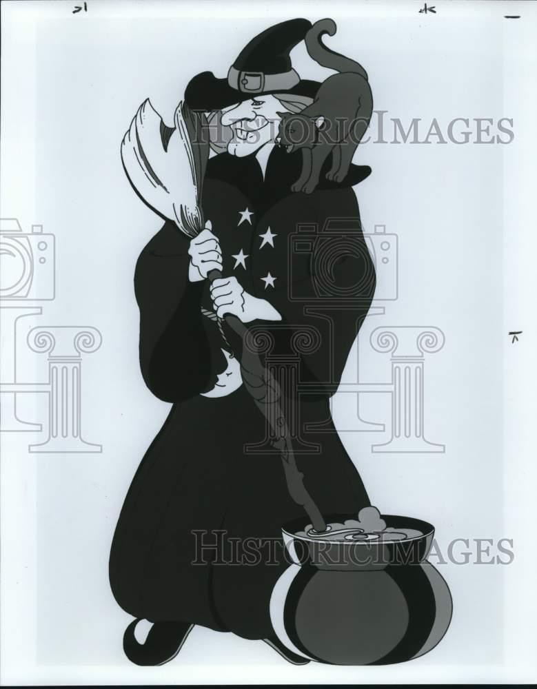1993 Press Photo Cartoon Witch with Black Cat, Cauldron and Broom - syp34636