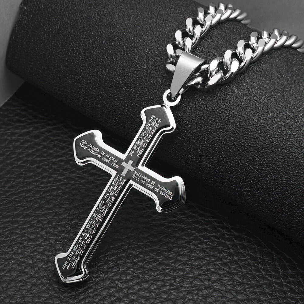 Mens Cross Necklace Stainless Steel Lord's Prayer Large Pendant 7mm Cuban Chain