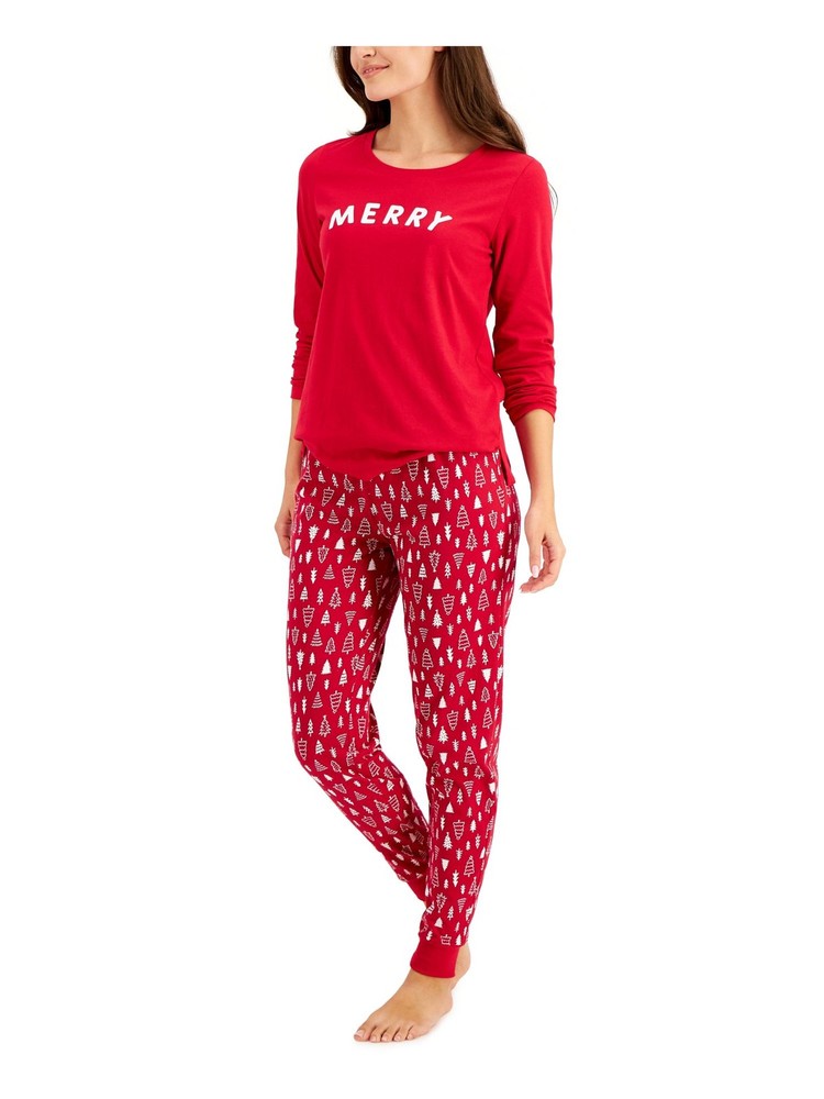Festive Red Long Sleeve PJ Set for Women - Cuffed Pants & Matching Top