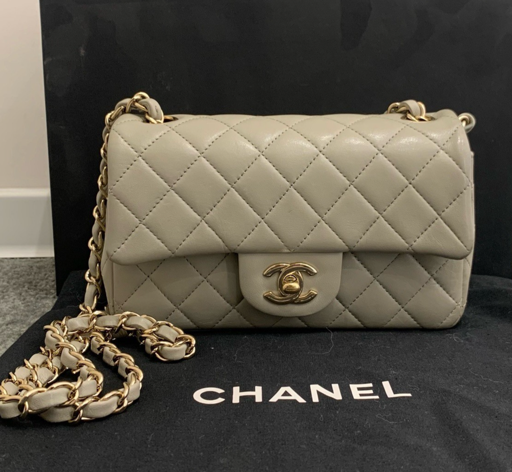 Chanel Classic Flap Mini Lambskin Chain Shoulder Bag Crossbody Gray Gold Women